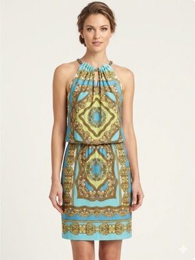 Cache Halter Mini Dress in Turquoise and Gold Print